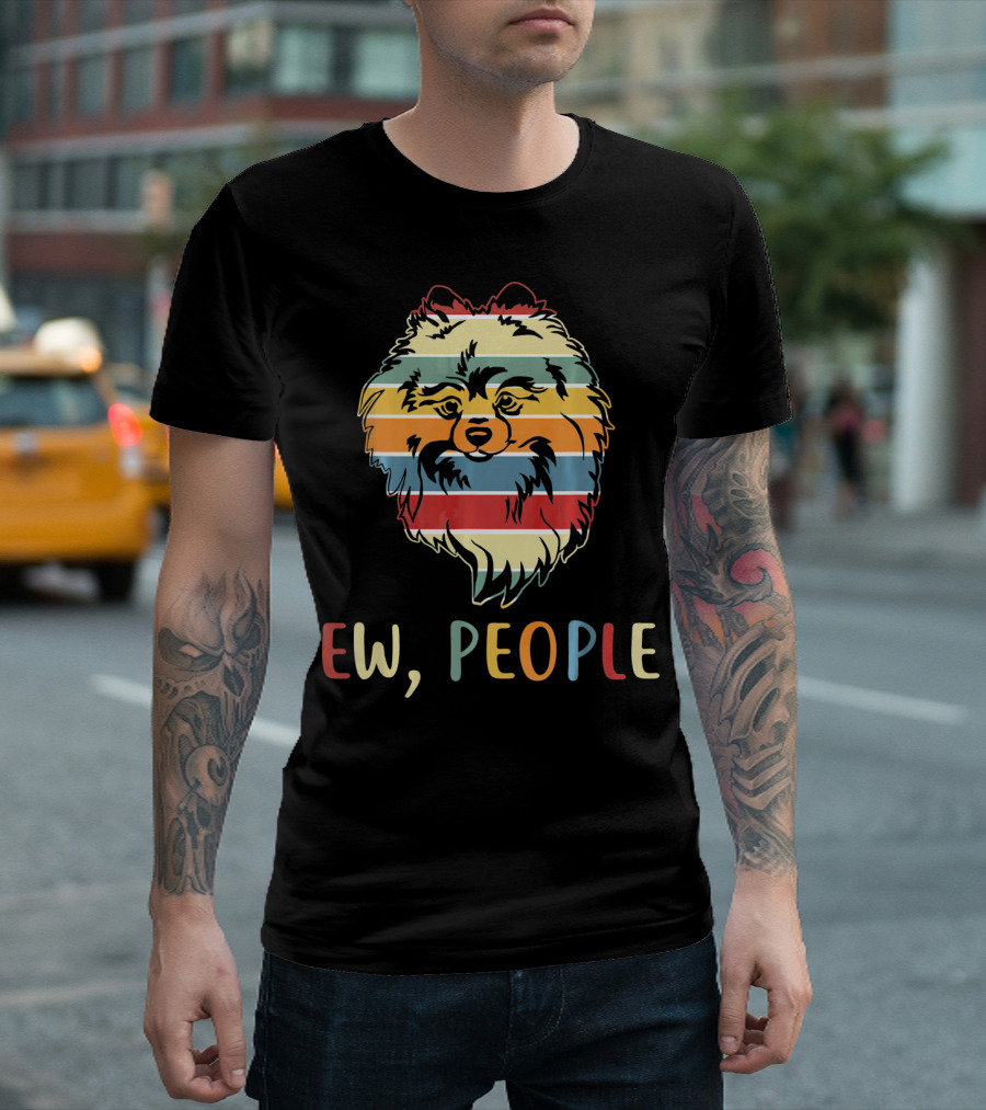 Ew People Funny Pomeranian with Retro Striped T-Shirt