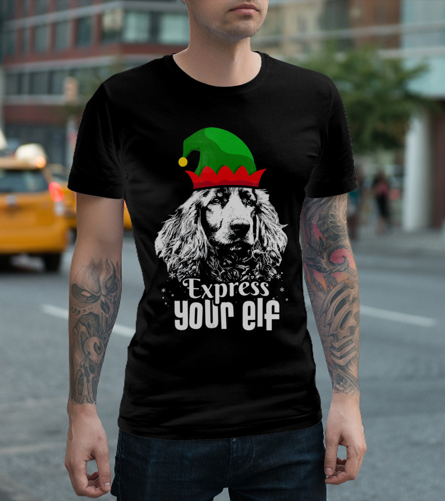 Express Your Elf English Cocker Spaniel Christmas Dog Wearing Green and Red Elf Hat T-Shirt