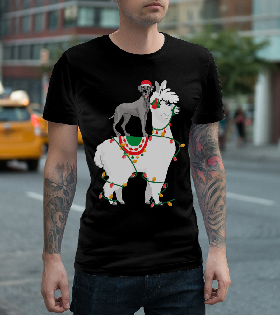 Fa La LLAMA Great Dane with Santa Hat on Llama Christmas Lights T-Shirt
