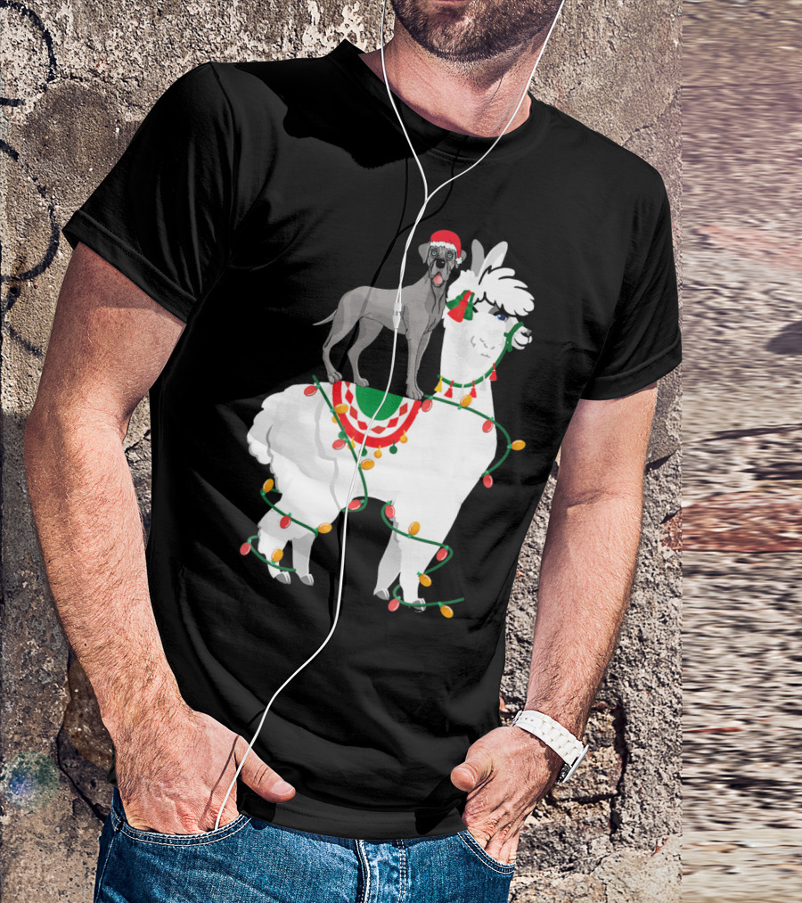 Fa La LLAMA Great Dane With Santa Hat On Llama Christmas Lights T-Shirt