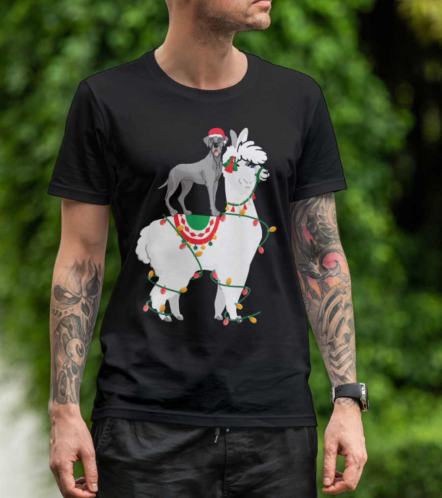 Fa La LLAMA Great Dane With Santa Hat On Llama Christmas Lights T-Shirt