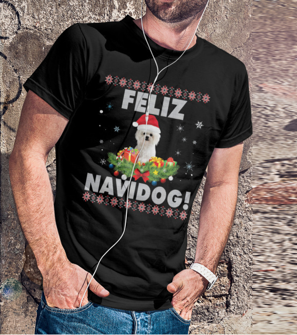 Feliz Navidog Maltese Dog Christmas Santa Hat Holiday Festive T-Shirt