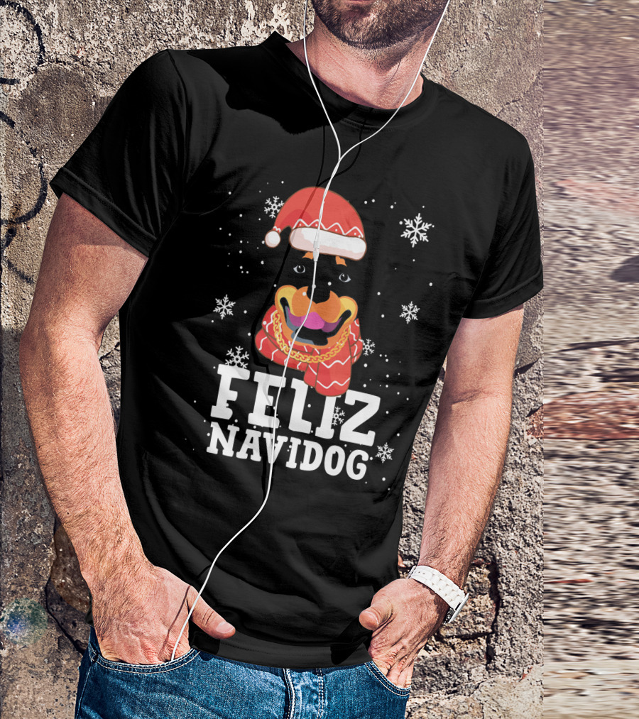 Feliz Navidog Rottweiler Christmas Santa Hat Snowflakes Ugly Sweaters T-Shirt