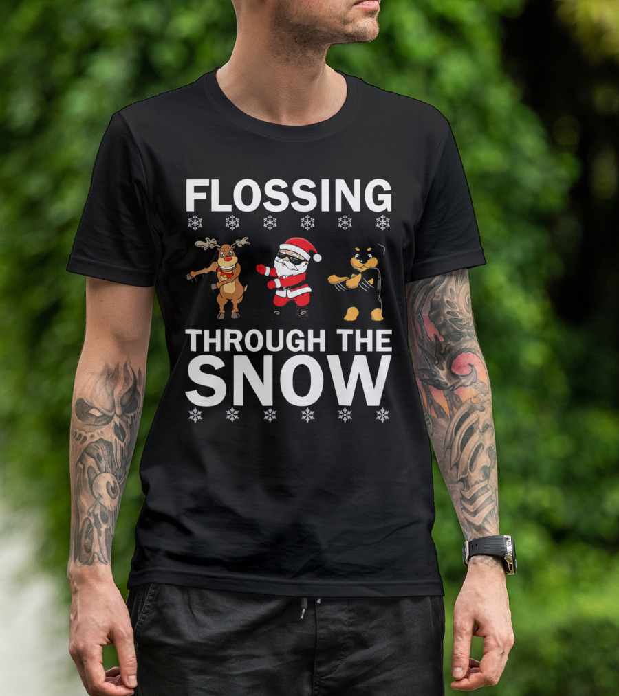 Flossing Through The Snow Santa Reindeer Rottweiler T-Shirt