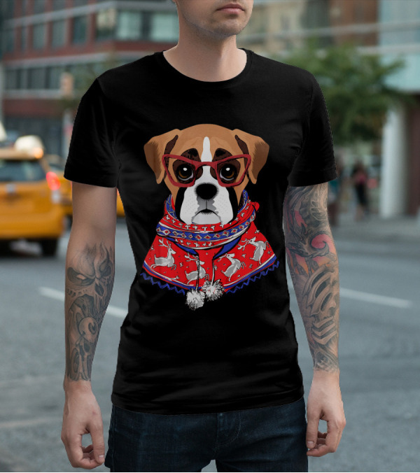 Funny Boxer Dog With Glasses In Christmas Scarf Holiday Look T-Shirt