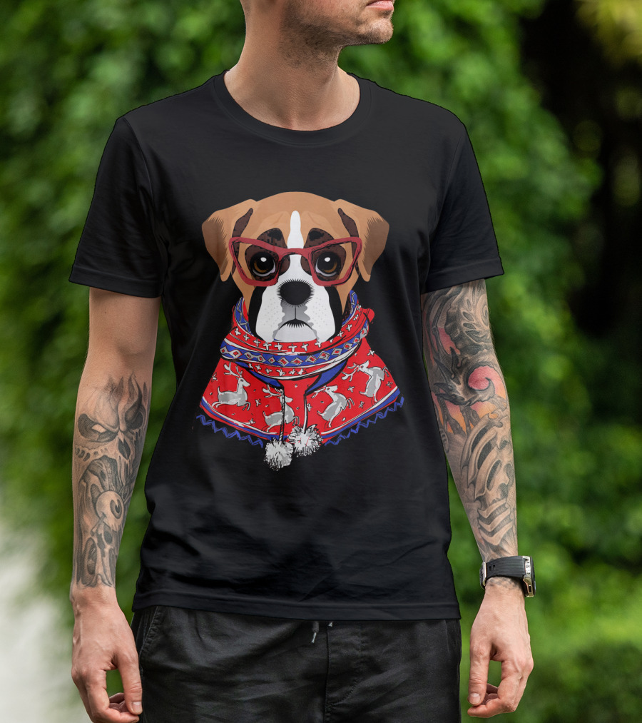 Funny Boxer Dog With Glasses In Christmas Scarf Holiday Look T-Shirt