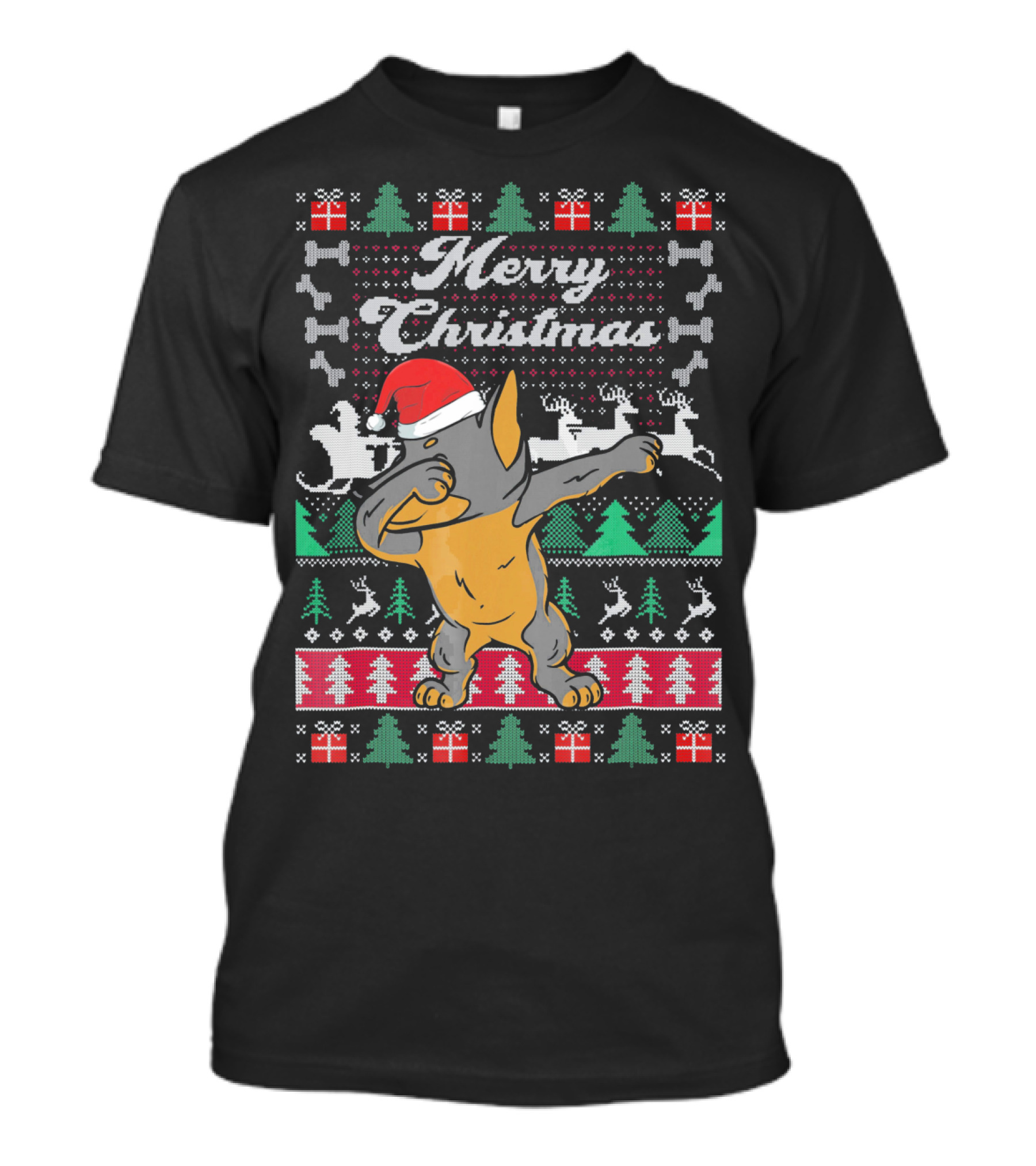 Merry Christmas Doberman Dabbing In Santa Hat With Holiday Symbols T-Shirt