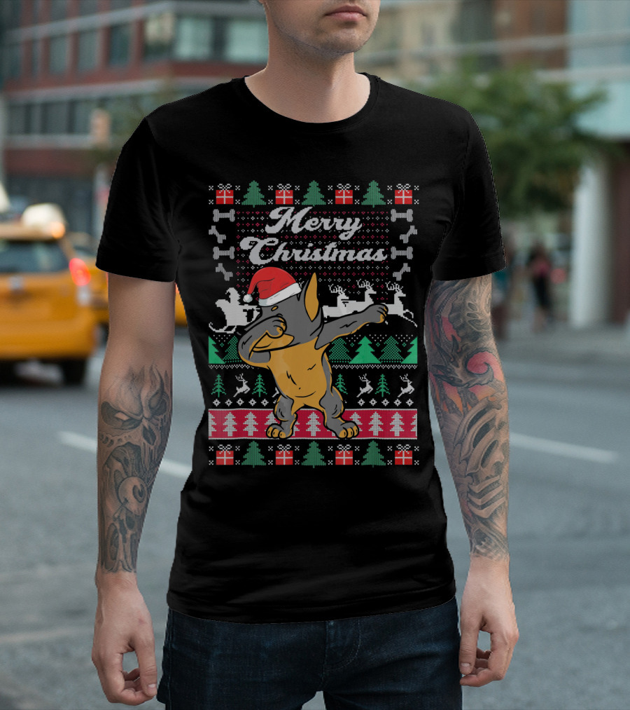 Merry Christmas Doberman Dabbing in Santa Hat with Holiday Symbols T-Shirt