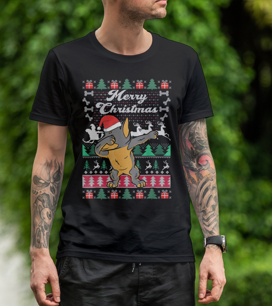Merry Christmas Doberman Dabbing In Santa Hat With Holiday Symbols T-Shirt
