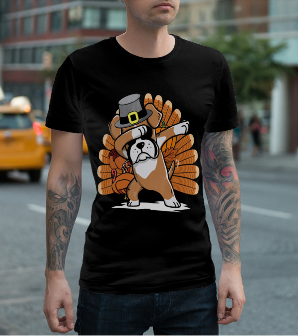 Thanksgiving Dabbing Boxer Dog Pilgrim Hat Turkey T-Shirt