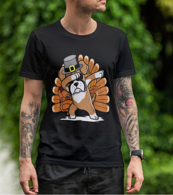 Thanksgiving Dabbing Boxer Dog Pilgrim Hat Turkey T-Shirt