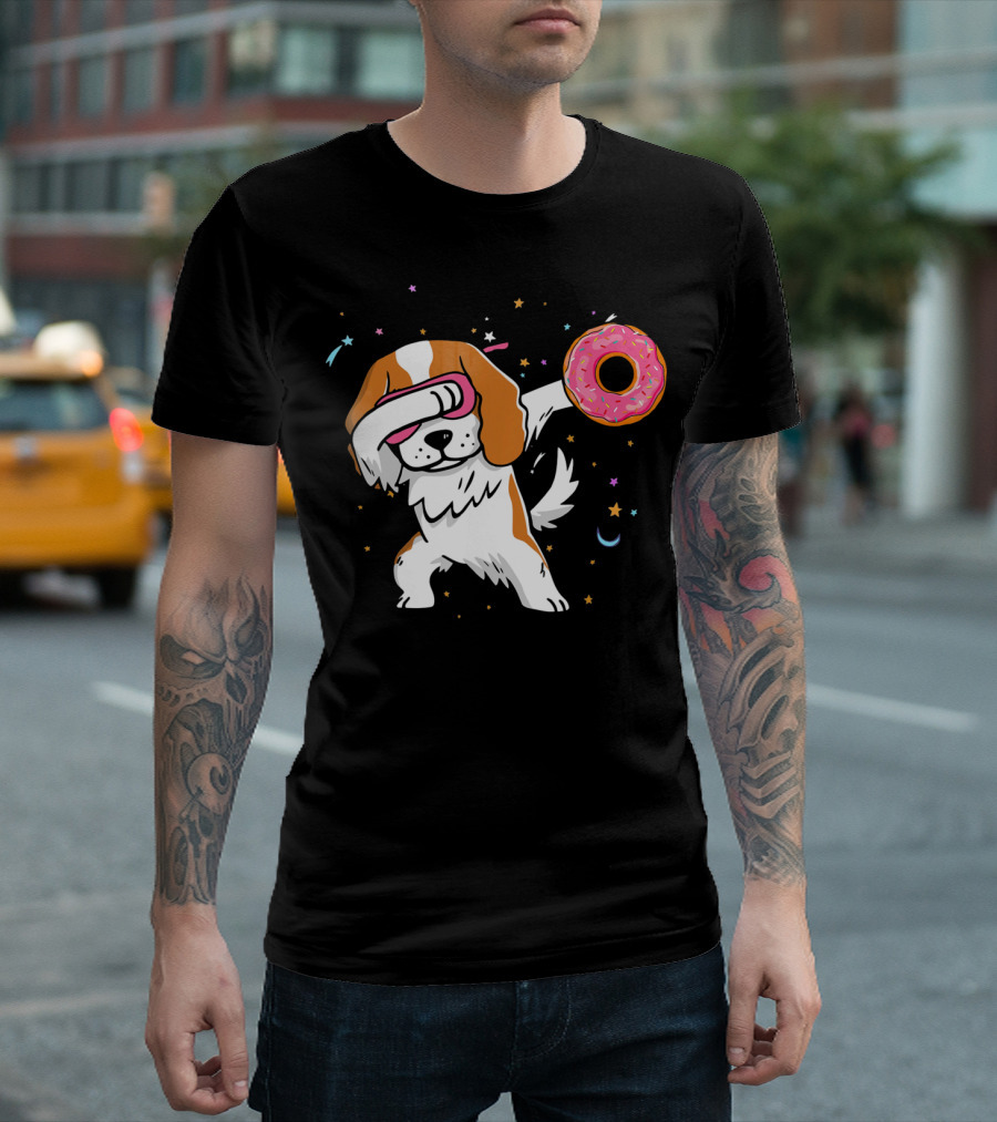 Funny Dabbing Cavalier King Charles Spaniel With Pink Frosted Donut T-Shirt