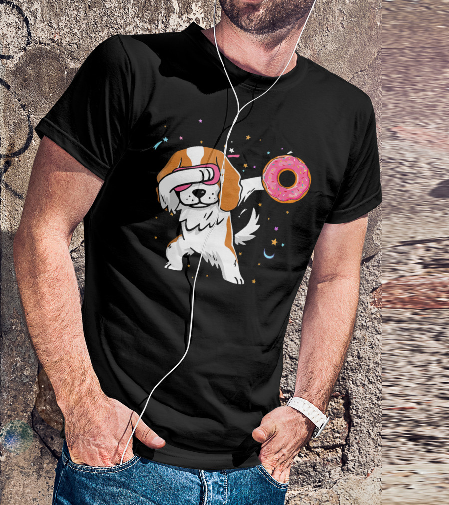 Funny Dabbing Cavalier King Charles Spaniel With Pink Frosted Donut T-Shirt
