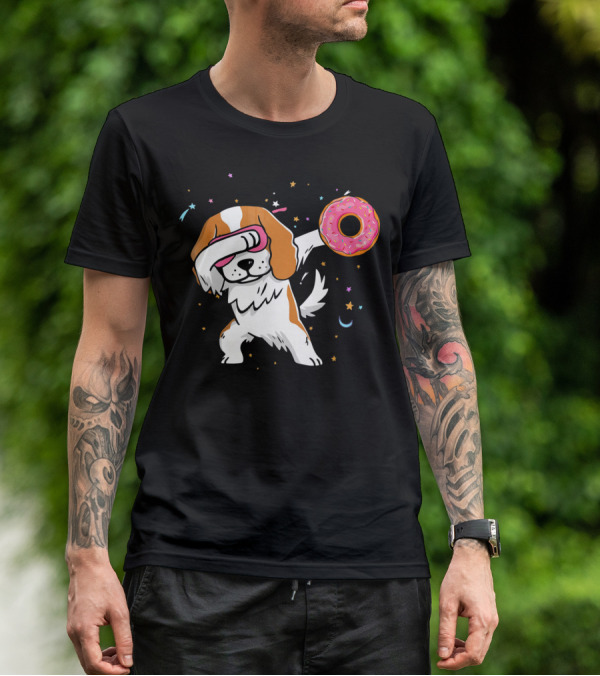 Funny Dabbing Cavalier King Charles Spaniel With Pink Frosted Donut T-Shirt