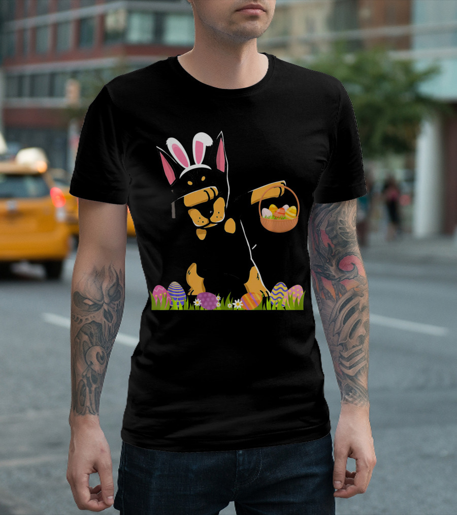 Doberman Dabbing With Bunny Ears And Easter Basket Of Eggs T-Shirt