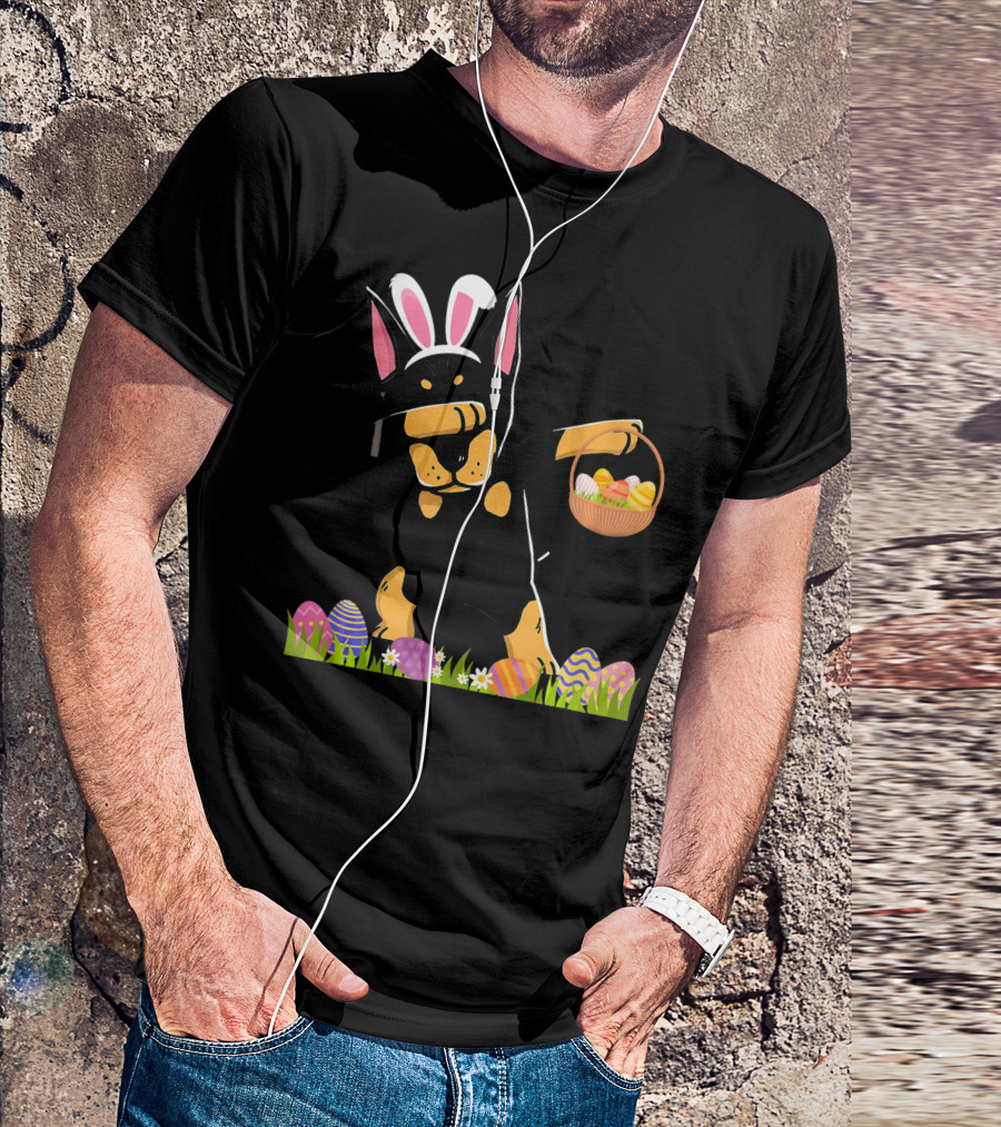 Doberman Dabbing With Bunny Ears And Easter Basket Of Eggs T-Shirt