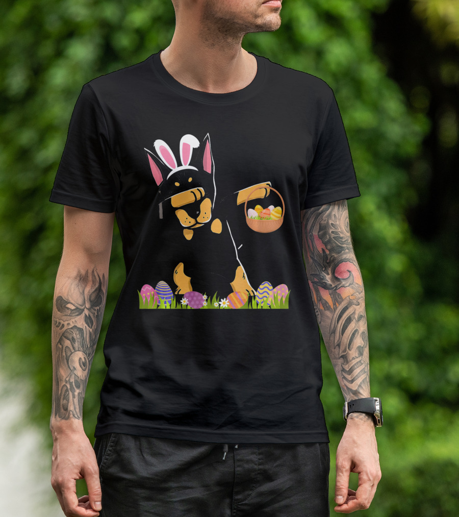 Doberman Dabbing With Bunny Ears And Easter Basket Of Eggs T-Shirt