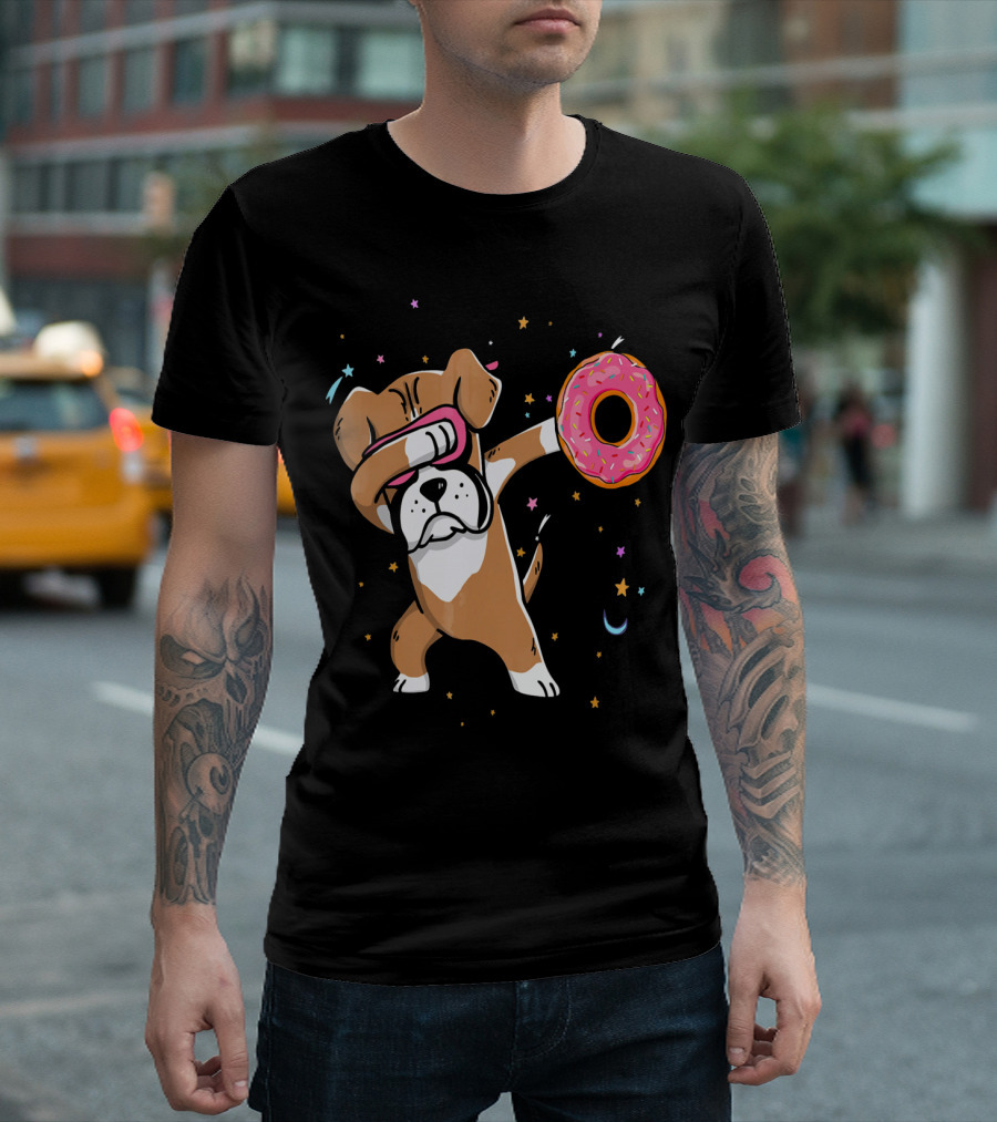 Funny Donut Day Dabbing Boxer with Sprinkled Donut in Stars and Moon T-Shirt