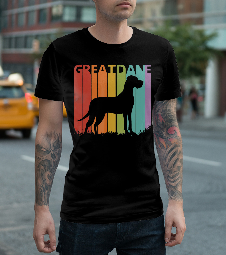 Great Dane Dog Silhouette Retro Rainbow Stripes T-Shirt