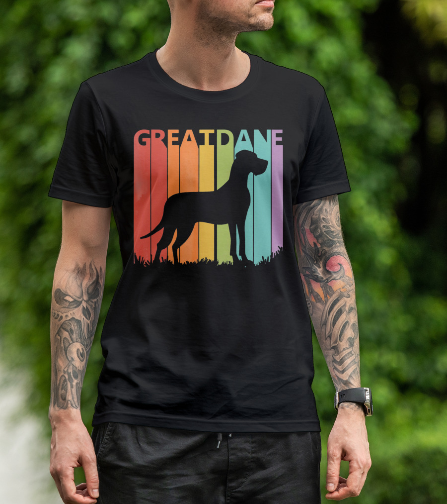 Great Dane Dog Silhouette Retro Rainbow Stripes T-Shirt