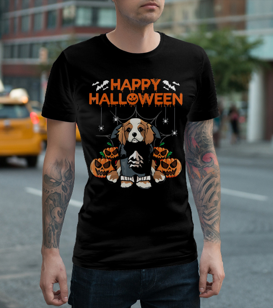 Happy Halloween Vampire Cavalier Dog Surrounded by Pumpkins and Bats T-Shirt