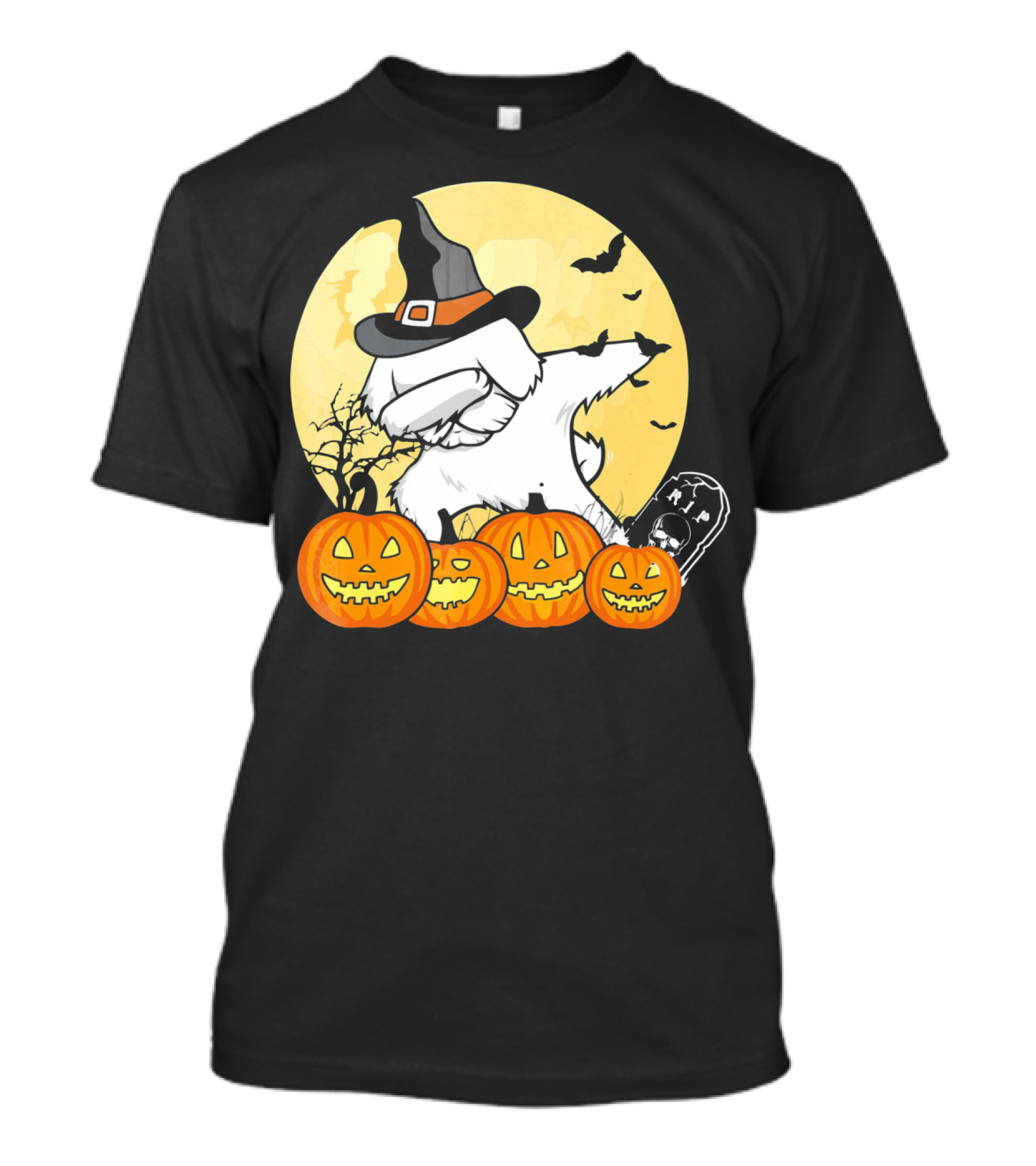 Funny Halloween Maltese Dog With Pumpkins And Witch Hat T-Shirt