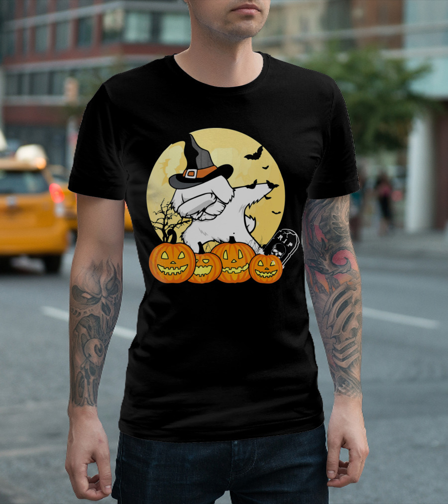 Funny Halloween Maltese Dog with Pumpkins and Witch Hat T-Shirt