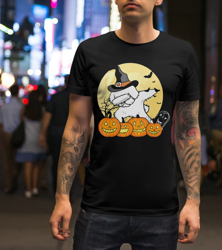 Funny Halloween Maltese Dog With Pumpkins And Witch Hat T-Shirt