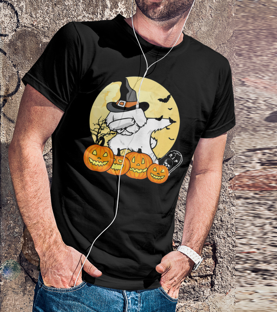 Funny Halloween Maltese Dog With Pumpkins And Witch Hat T-Shirt