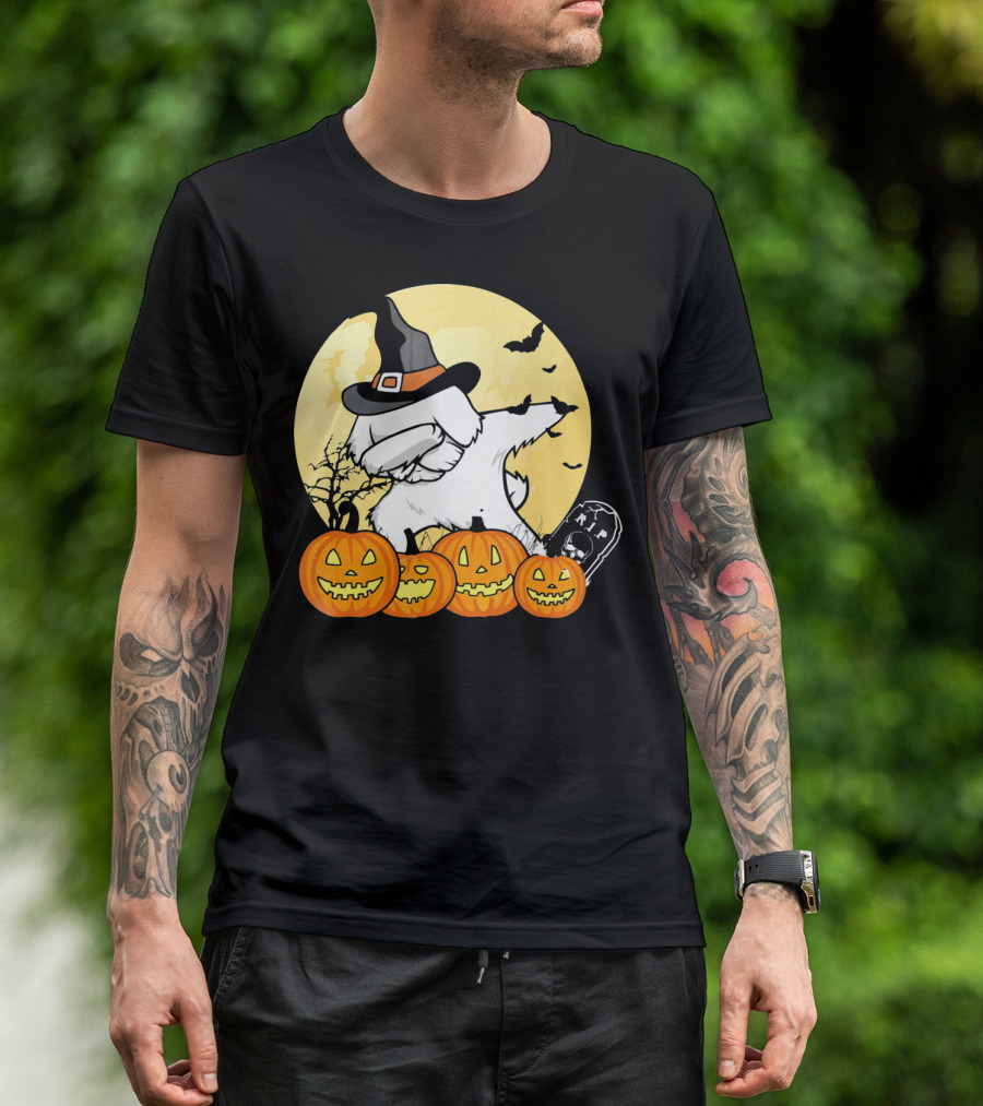 Funny Halloween Maltese Dog With Pumpkins And Witch Hat T-Shirt