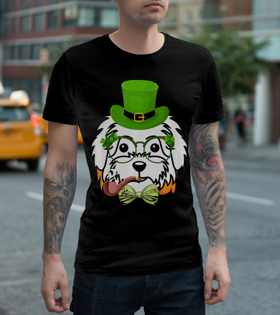 Maltese Dog in Leprechaun Hat with Pipe and Shamrocks for St Patrick's Day T-Shirt