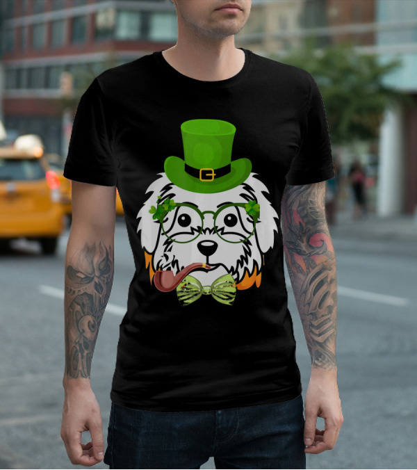 Maltese Dog In Leprechaun Hat With Pipe And Shamrocks For St Patrick's Day T-Shirt