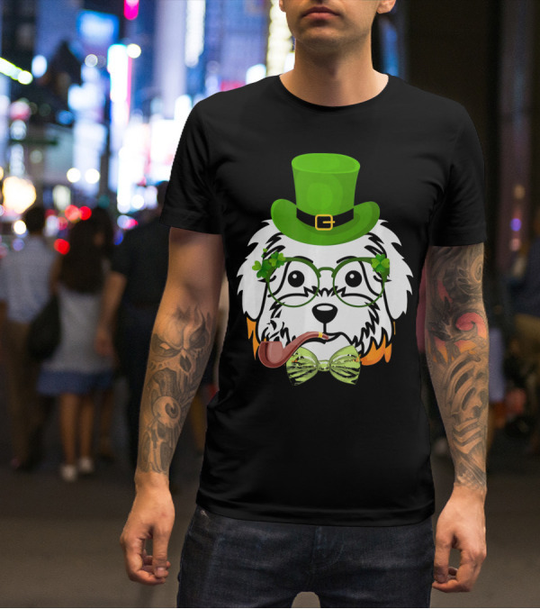Maltese Dog In Leprechaun Hat With Pipe And Shamrocks For St Patrick's Day T-Shirt