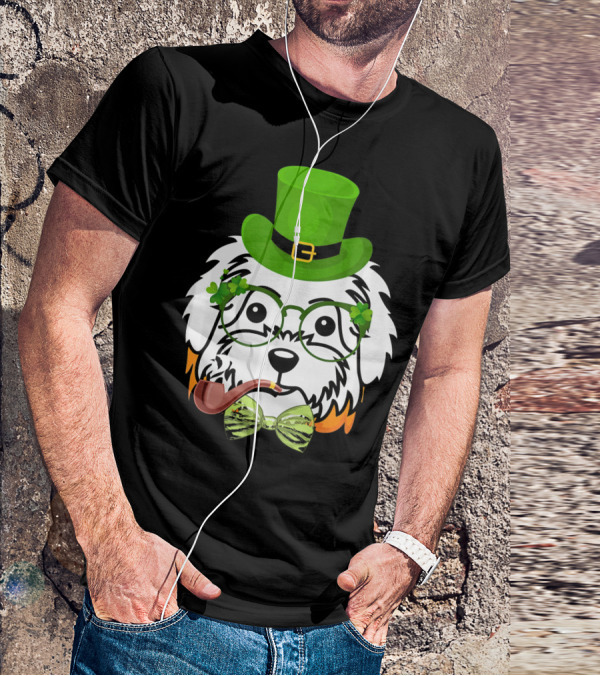 Maltese Dog In Leprechaun Hat With Pipe And Shamrocks For St Patrick's Day T-Shirt