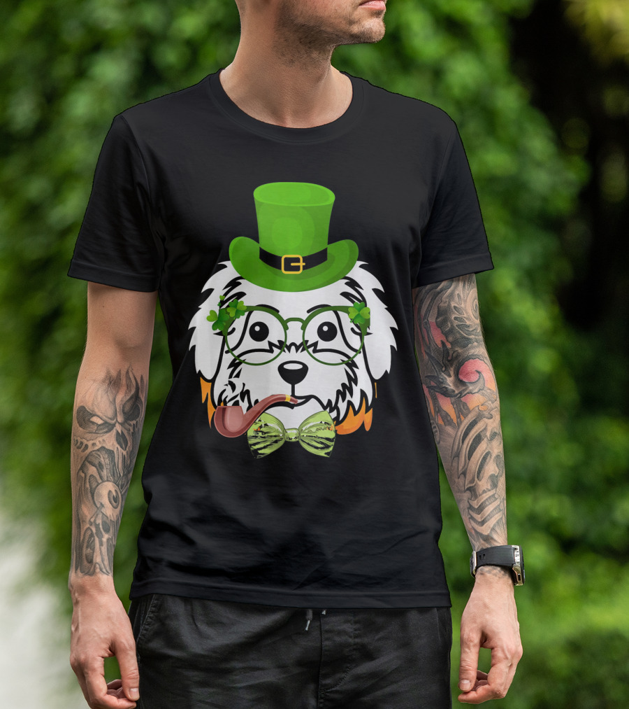 Maltese Dog In Leprechaun Hat With Pipe And Shamrocks For St Patrick's Day T-Shirt