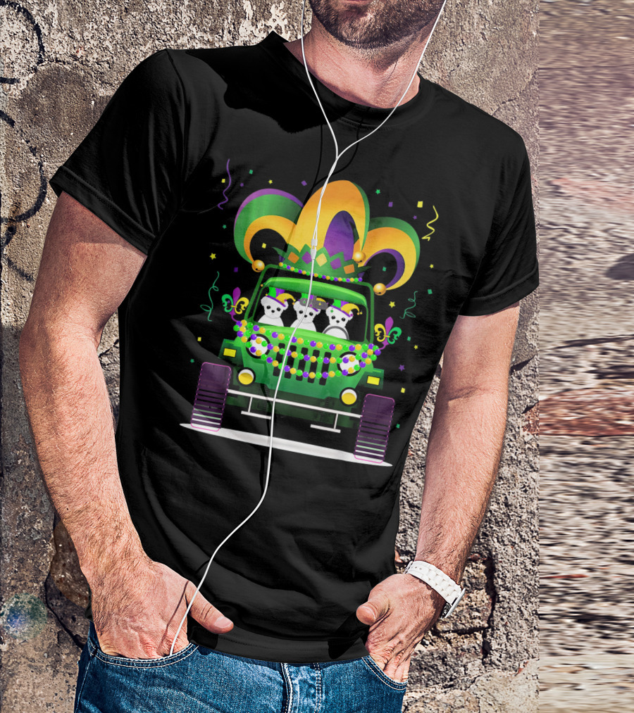 Mardi Gras Maltese Dogs Riding Jeep With Colorful Hat And Beads T-Shirt