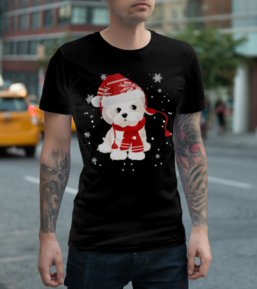 Funny Maltese Santa Hat Scarf Ugly Snowflakes T-Shirt