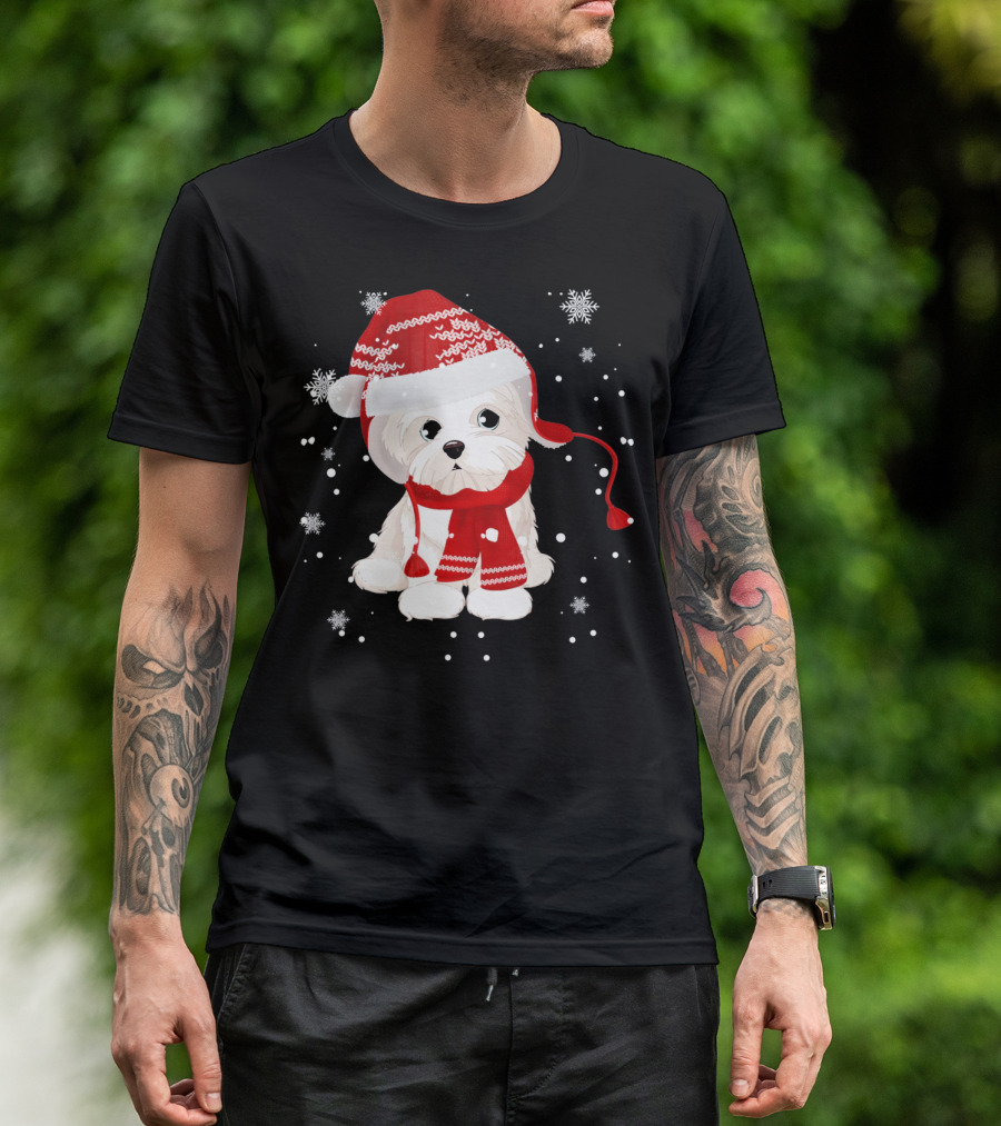 Funny Maltese Santa Hat Scarf Ugly Snowflakes T-Shirt
