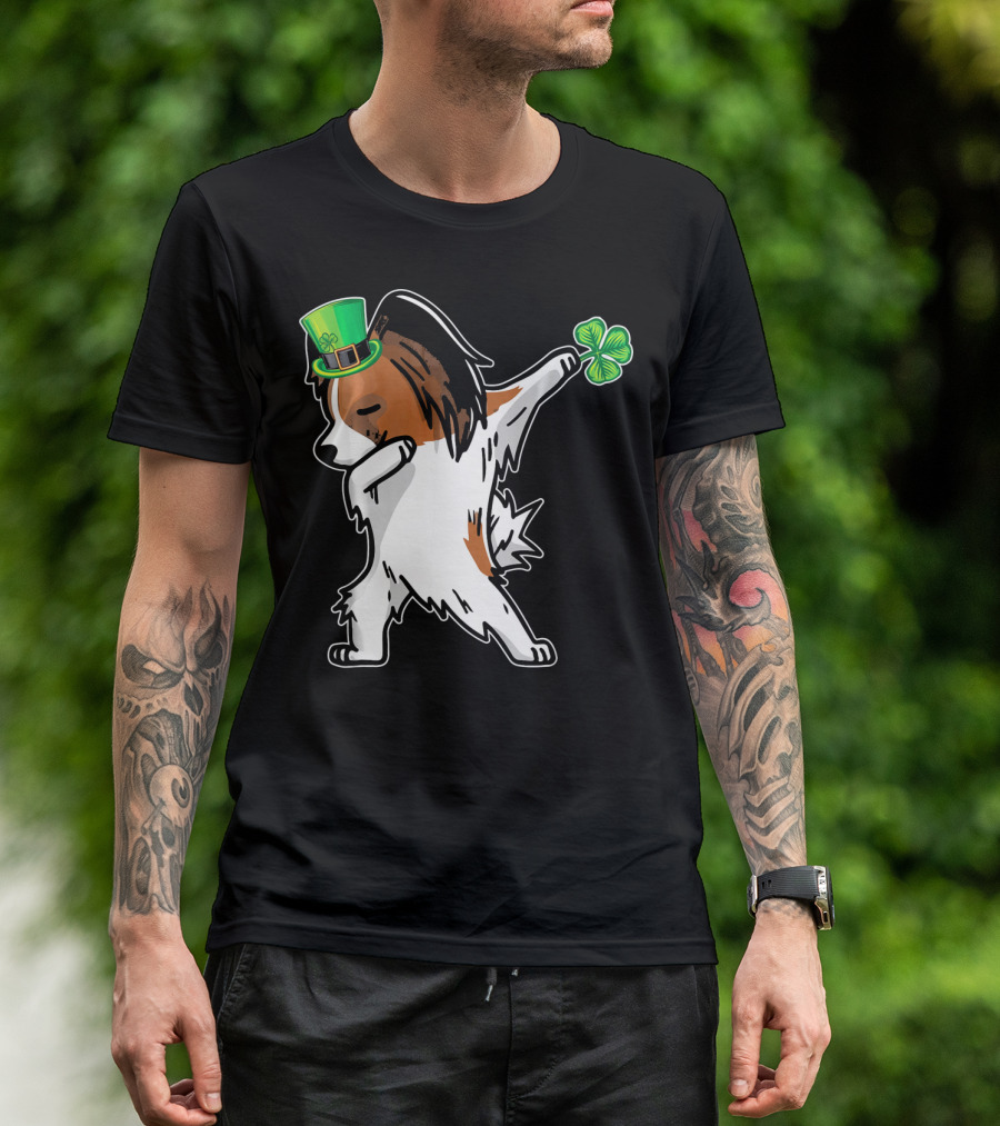 Papillon Dab Dabbing Dance With Shamrock And Leprechaun Hat T-Shirt