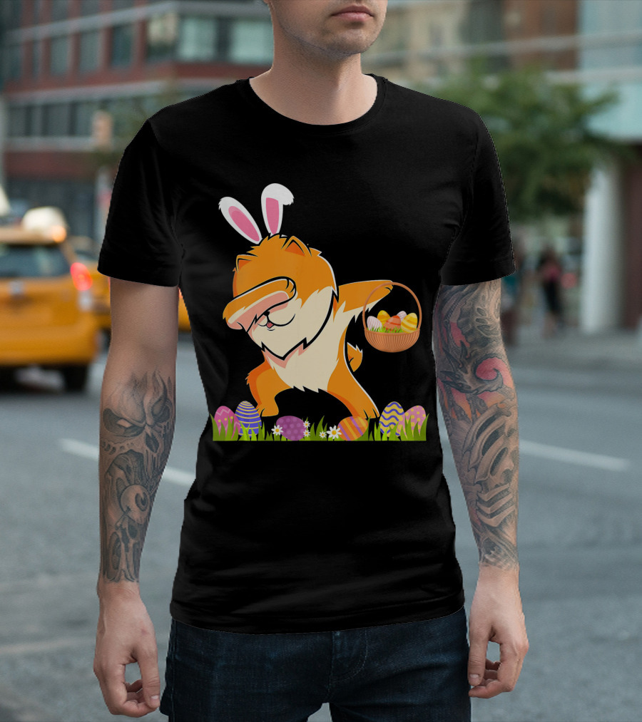 Funny Pomeranian Dabbing Easter Bunny with Eggs and Basket T-Shirt