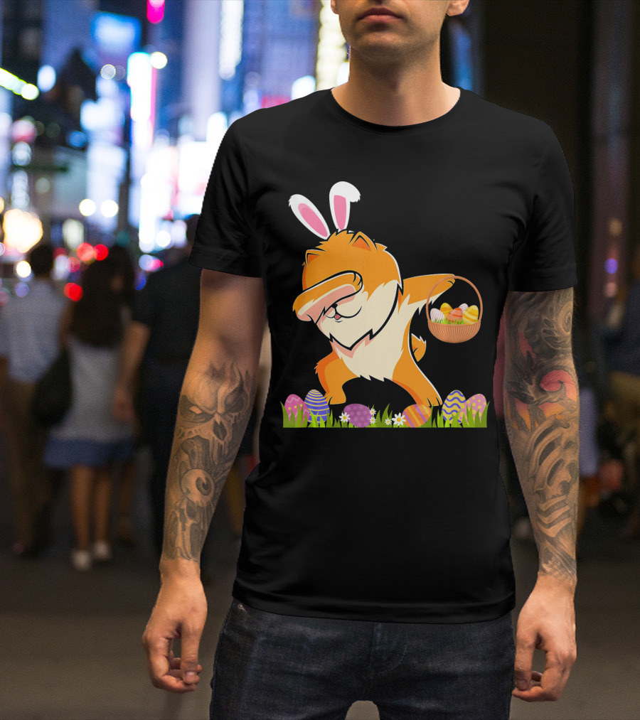 Funny Pomeranian Dabbing Easter Bunny With Eggs And Basket T-Shirt