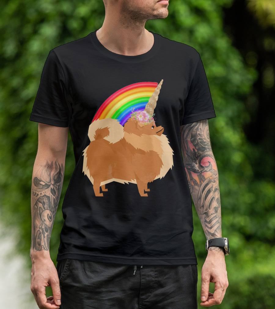 Pomeranian Rainbow Unicorn Dog With Floral Horn And Doodle Elements T-Shirt