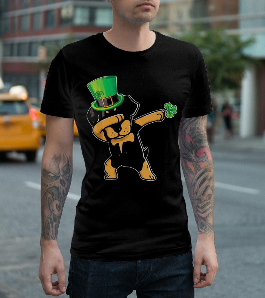 Funny St. Patrick's Day Rottweiler Dab Dabbing Dance with Green Hat and Shamrock T-Shirt