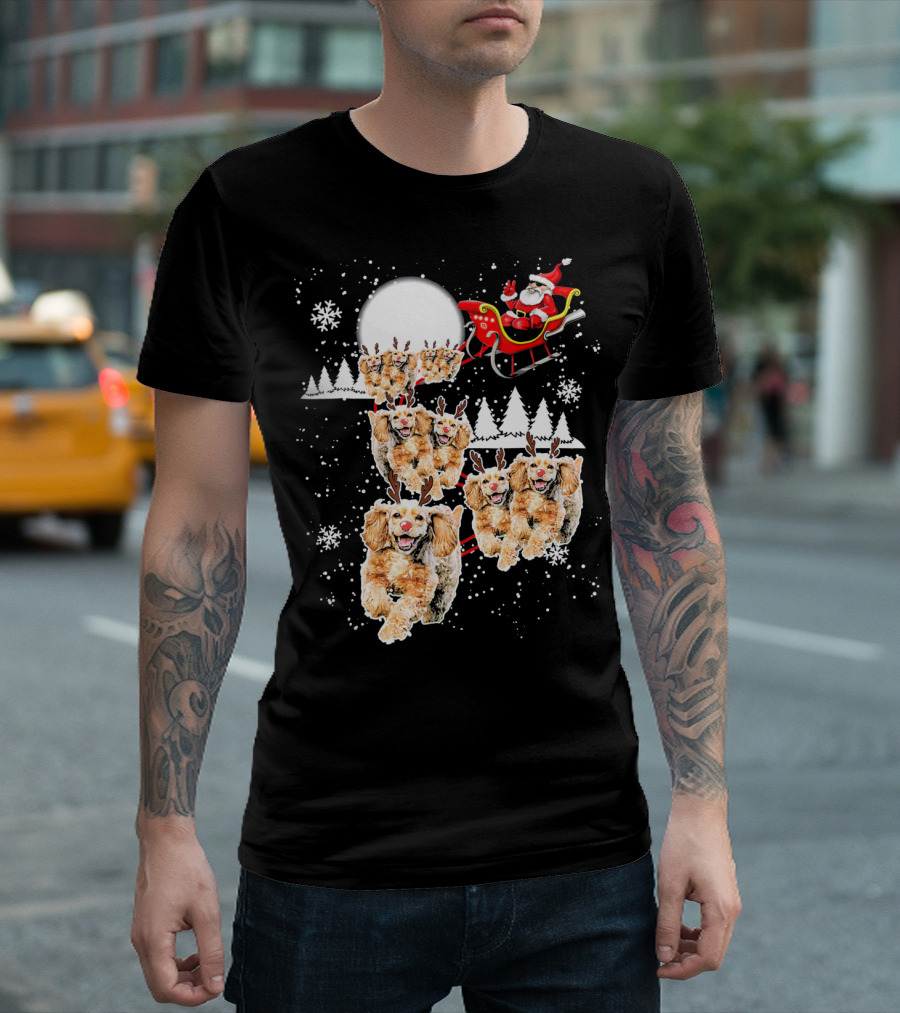 Santa Cocker Spaniel Reindeer Moon Sled Snowflakes T-Shirt
