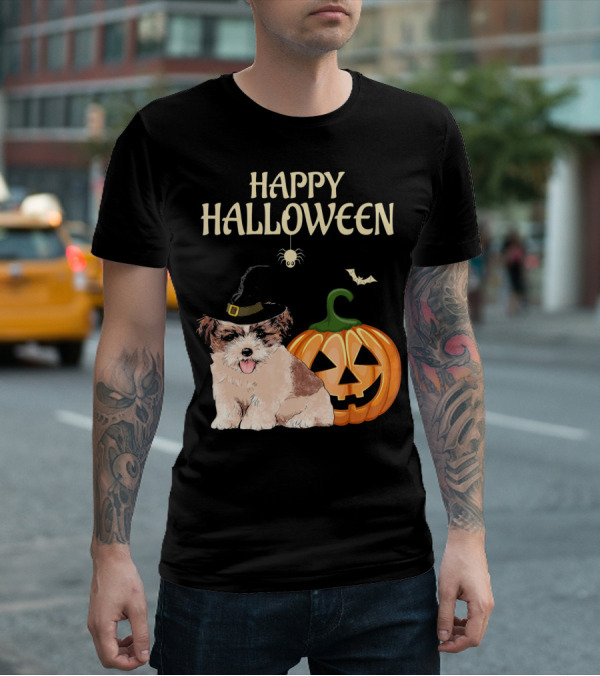 Happy Halloween Shih Tzu With Pumpkin And Witch Hat T-Shirt