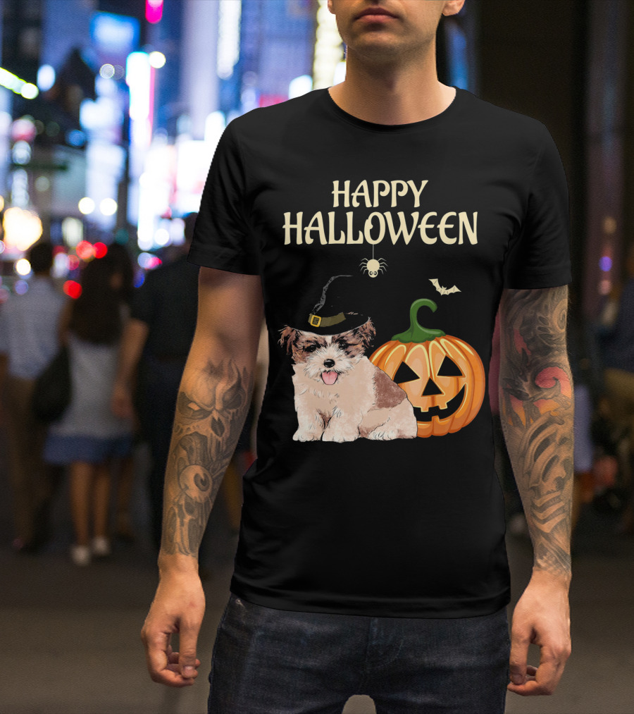 Happy Halloween Shih Tzu With Pumpkin And Witch Hat T-Shirt