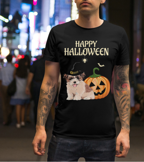 Happy Halloween Shih Tzu With Pumpkin And Witch Hat T-Shirt