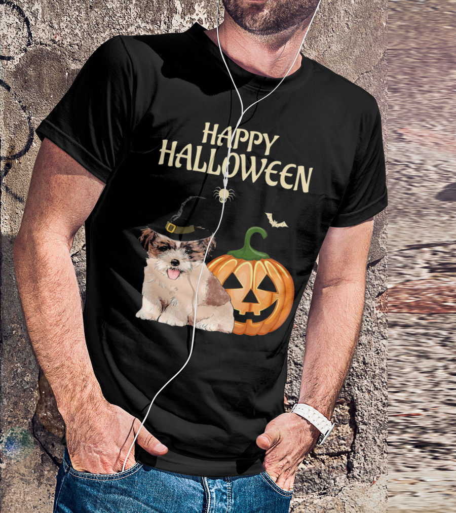 Happy Halloween Shih Tzu With Pumpkin And Witch Hat T-Shirt