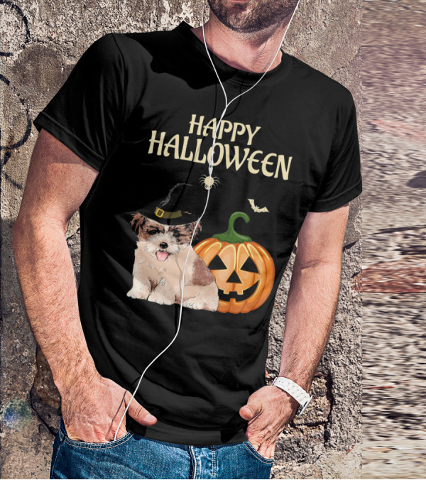 Happy Halloween Shih Tzu With Pumpkin And Witch Hat T-Shirt