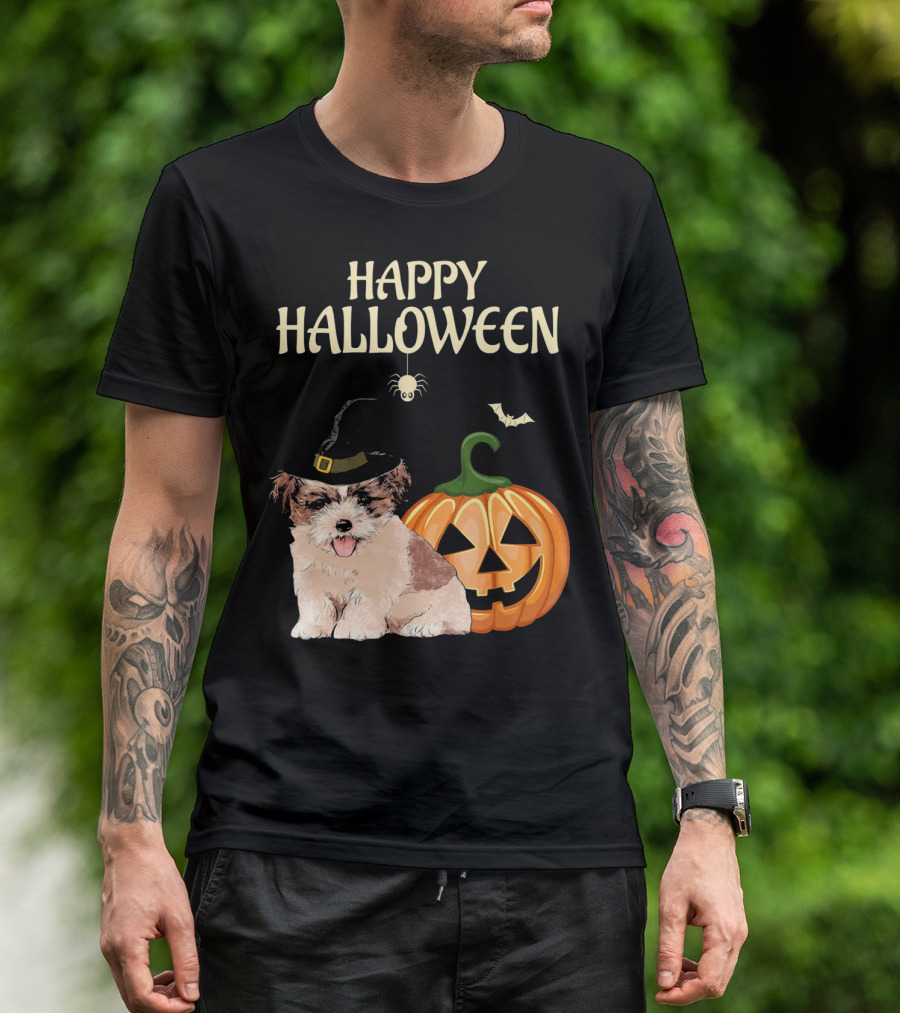 Happy Halloween Shih Tzu With Pumpkin And Witch Hat T-Shirt